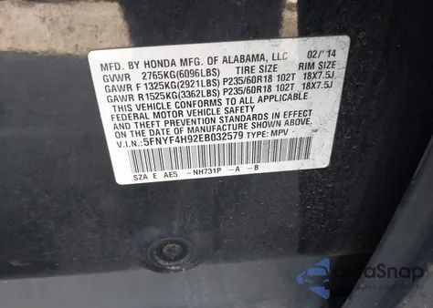 2014 Honda Pilot Touring from USA, damaged, VIN 5FNYF4H92EB032579